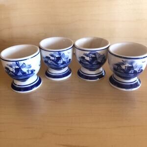 Vintage Delft White And Blue Egg Holders Made In Holland Hand Painted Lot Of 4